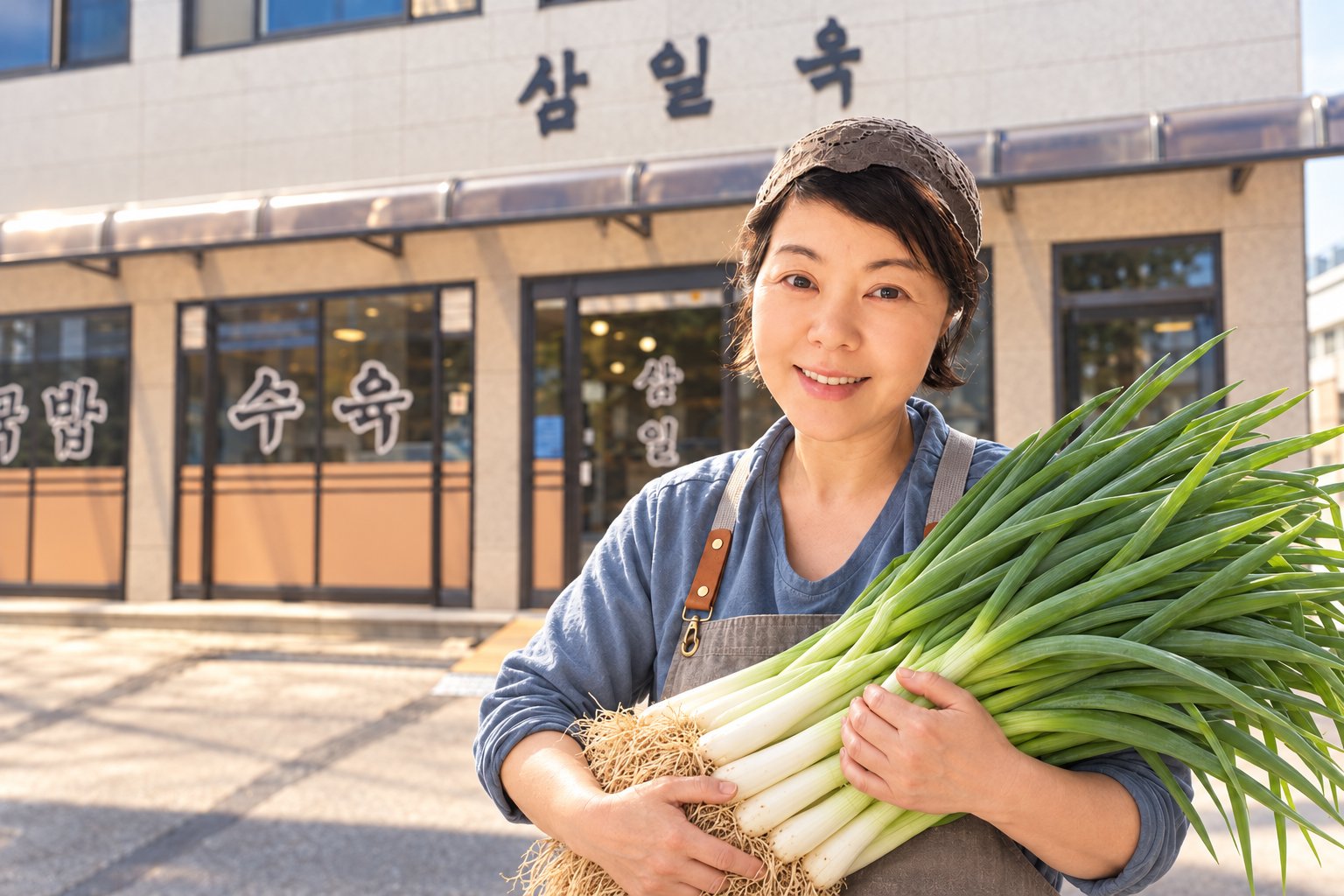 가게 앞에서 대파를 한아름 안고 웃는 삼일옥 대표 (실제 모습을 바탕으로 한 합성 이미지)